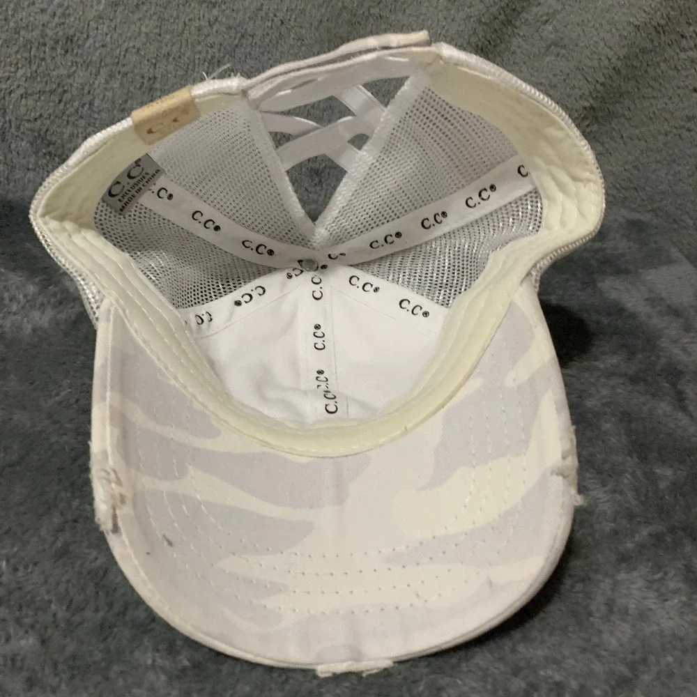 CC Girls Ponytail Trucker Hat Camo Grey White Distressed Mesh Back Messy Bun Cap